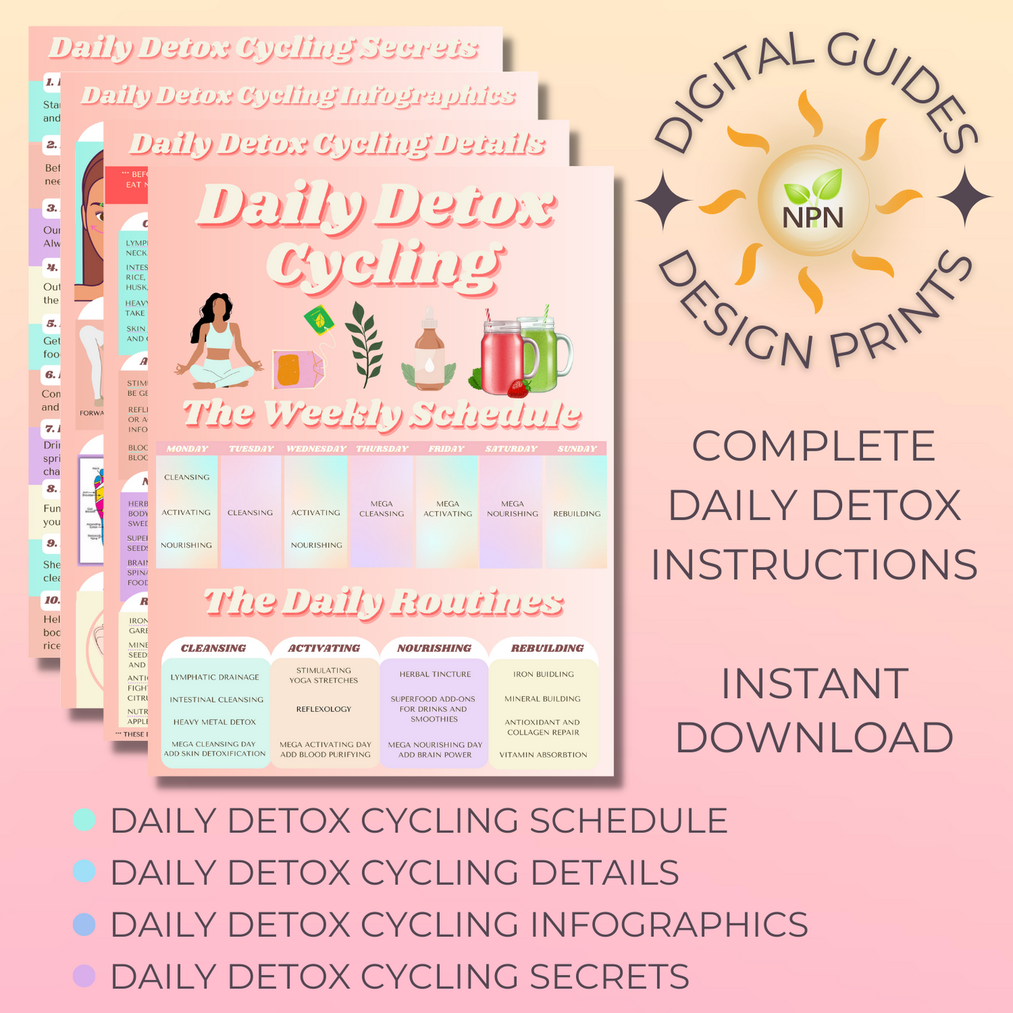 Daily Detox Cycling Calendar and Printable Bundle, Digital Download